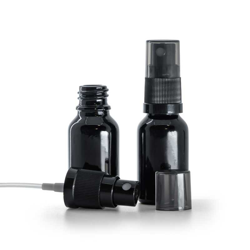 Sklenená fľaška, čierna lesklá, čierny rozprašovač, dymový kryt, 15 ml