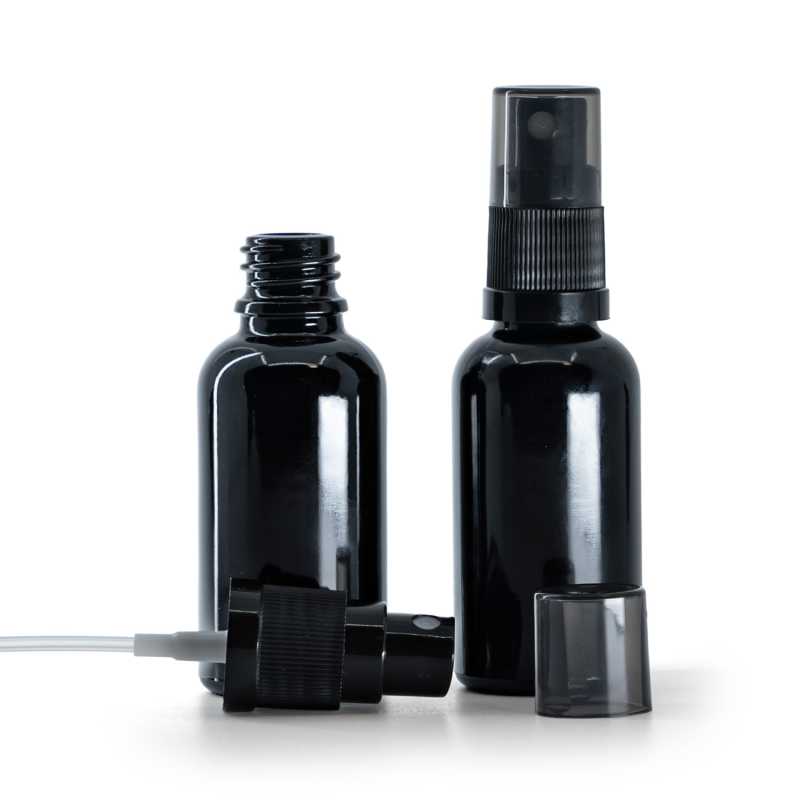 Sklenená fľaška, čierna lesklá, čierny rozprašovač, dymový kryt, 30 ml