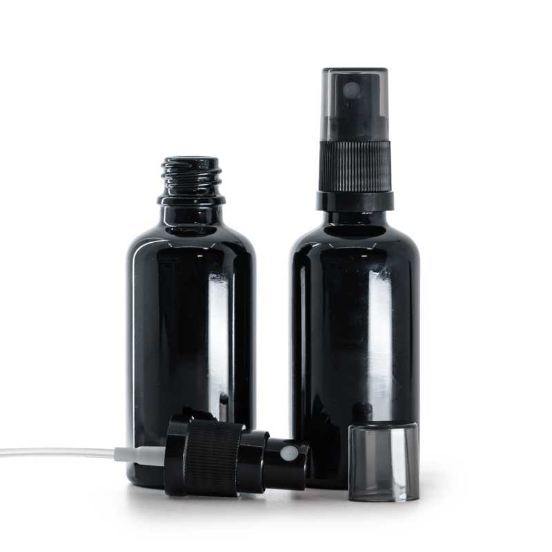 Sklenená fľaška, čierna lesklá, čierny rozprašovač, dymový kryt, 50 ml