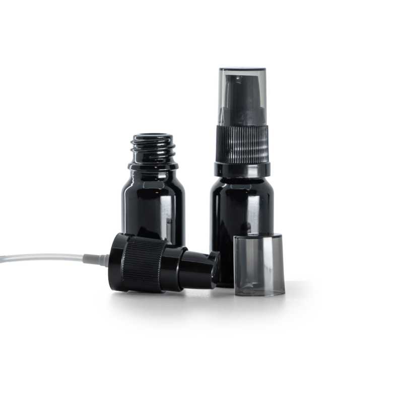 Sklenená fľaška, čierna lesklá, dávkovač krému s dymovým krytom, 10 ml