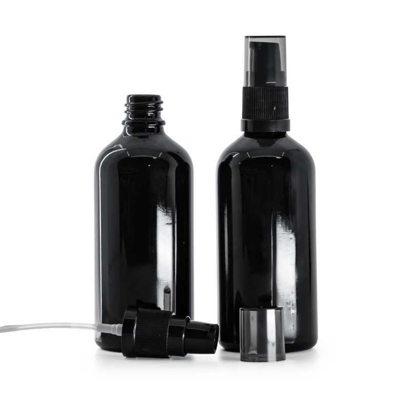 Sklenená fľaška, čierna lesklá, dávkovač krému s dymovým krytom, 100 ml