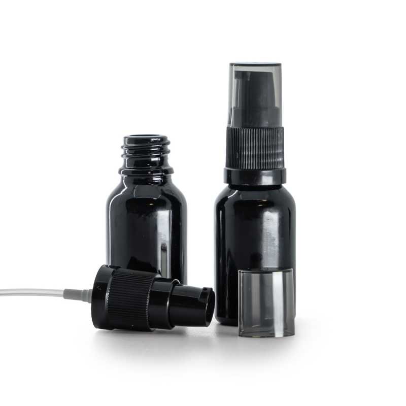 Sklenená fľaška, čierna lesklá, dávkovač krému s dymovým krytom, 15 ml