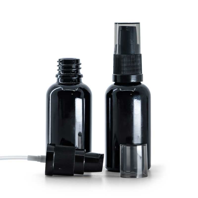 Sklenená fľaška, čierna lesklá, dávkovač krému s dymovým krytom, 30 ml