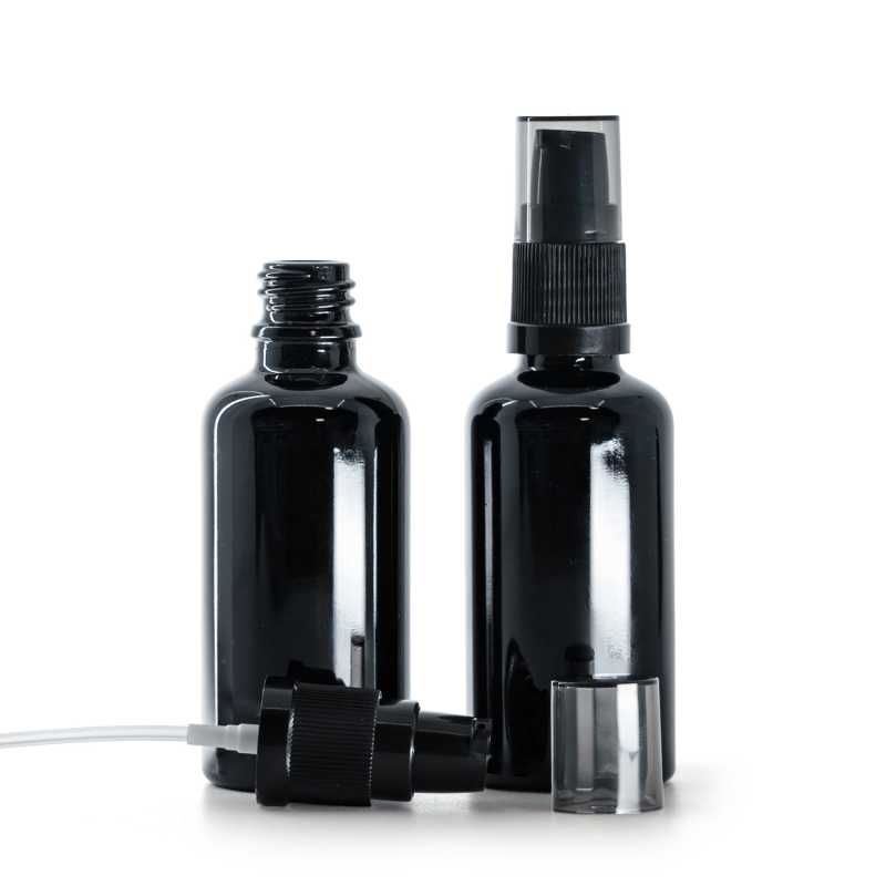 Sklenená fľaška, čierna lesklá, dávkovač krému s dymovým krytom, 50 ml