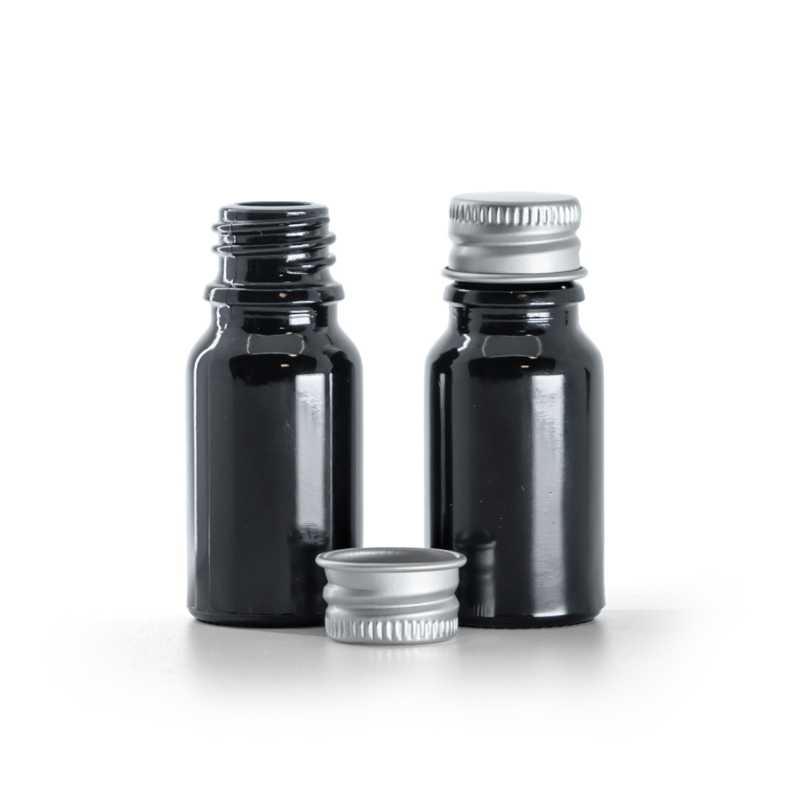 Sklenená fľaška, čierna lesklá, hliníkový vrchnák, 10 ml