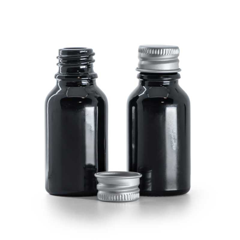 Sklenená fľaška, čierna lesklá, hliníkový vrchnák, 15 ml