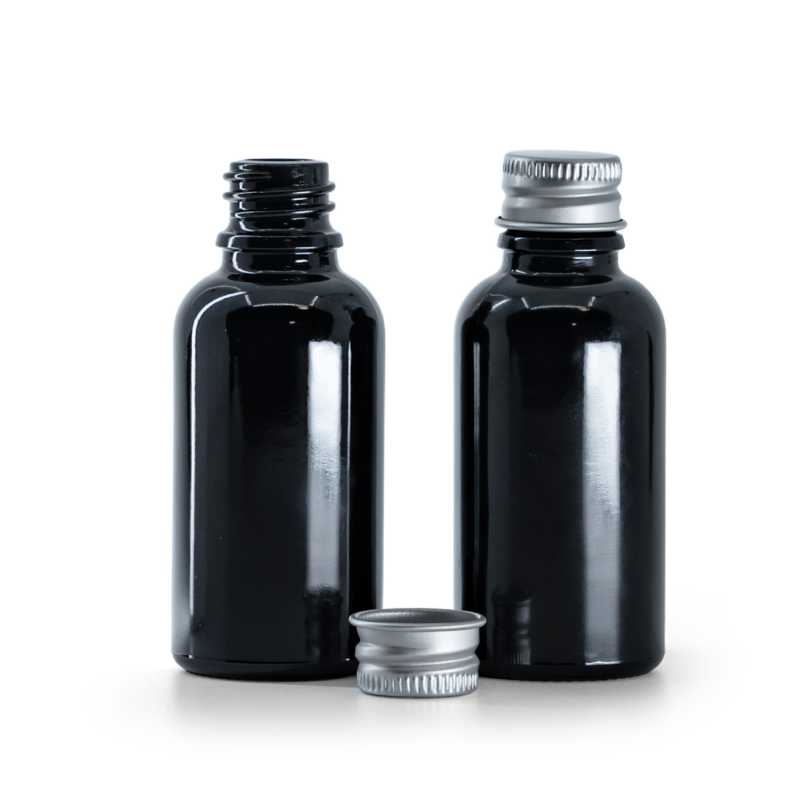 Sklenená fľaška, čierna lesklá, hliníkový vrchnák, 30 ml