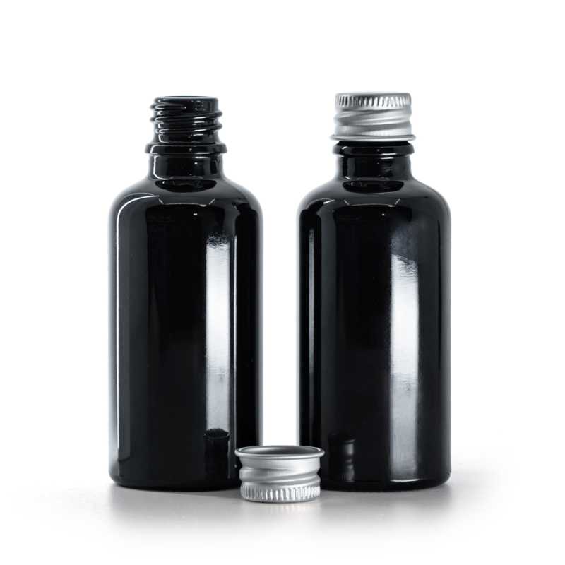 Sklenená fľaška, čierna lesklá, hliníkový vrchnák, 50 ml