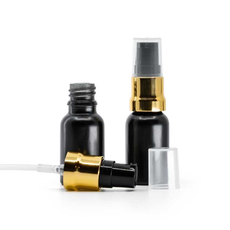 Sklenená fľaška, čierna matná, čierno-zlatý lesklý dákovač, priehľadný vrch, 15 ml