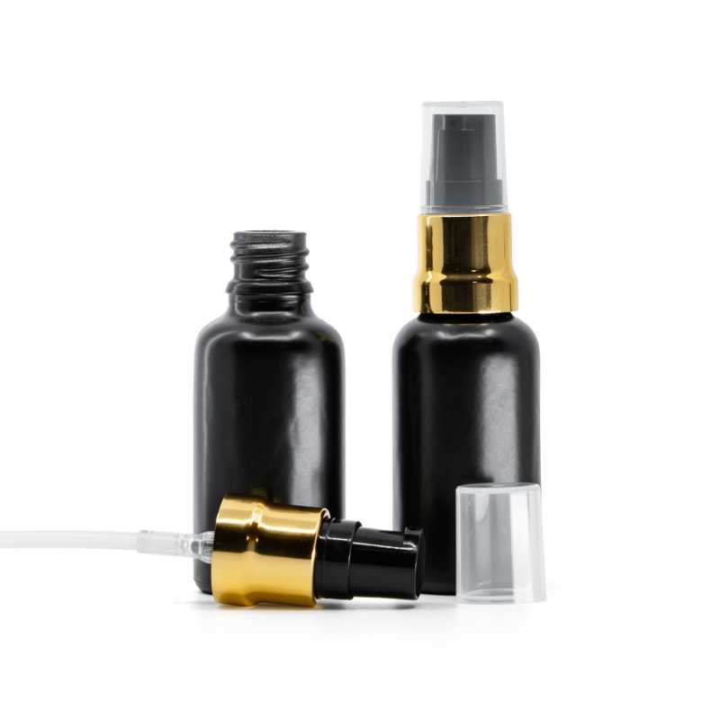 Sklenená fľaška, čierna matná, čierno-zlatý lesklý dákovač, priehľadný vrch, 30 ml