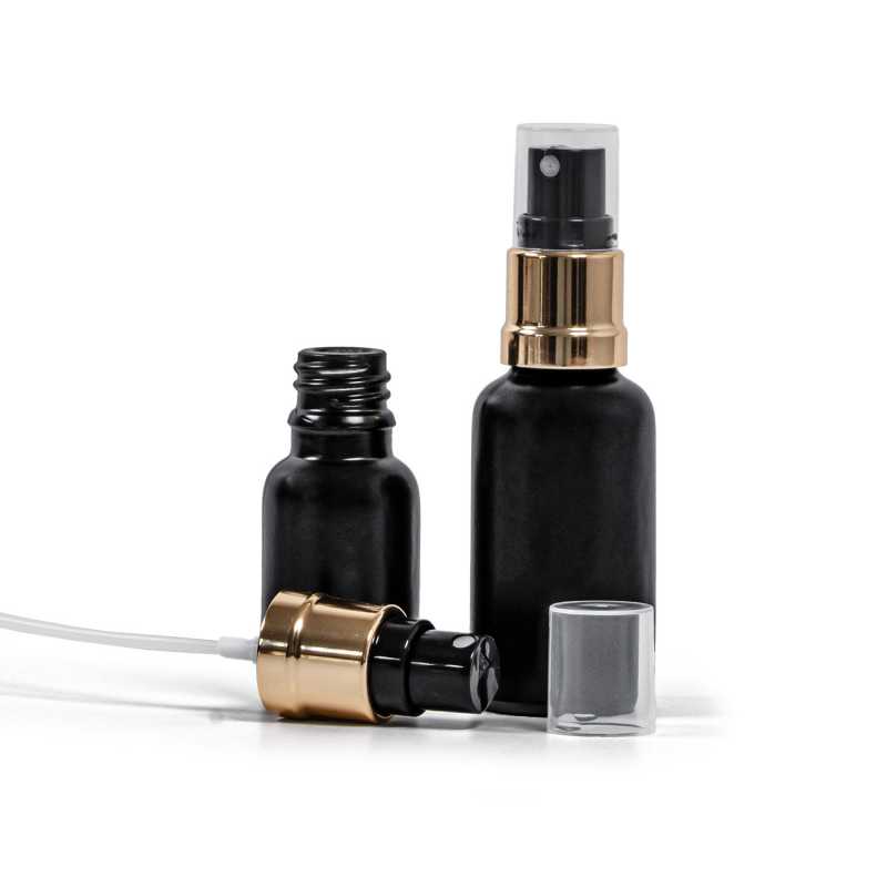 Sklenená fľaška, čierna matná, čierno-zlatý rozprašovač, 15 ml