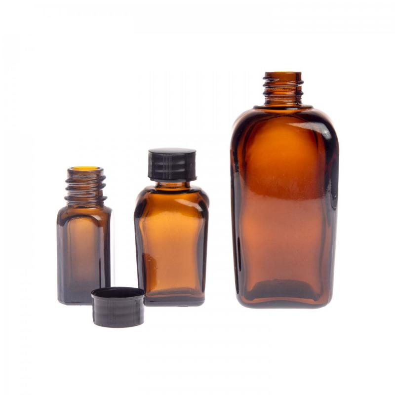 Sklenená fľaška hranatá, tzv. liekovka, je vyrobená z hrubého skla tmavohnedej farby. Slúži na uchovávanie tekutín, ktoré vďaka svojej farbe účinn