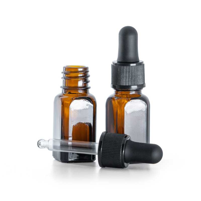 Sklenená fľaška, hranatá rovná, kvapátko čierne, plastové, 10 ml