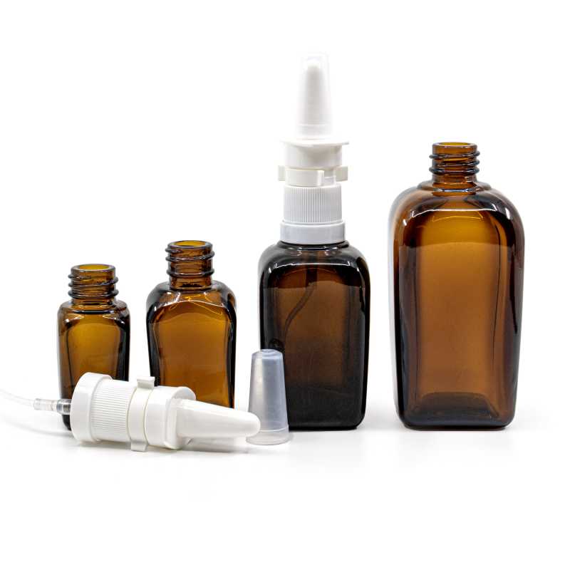 Sklenená fľaška, hranatá, sprej do nosa, 10ml