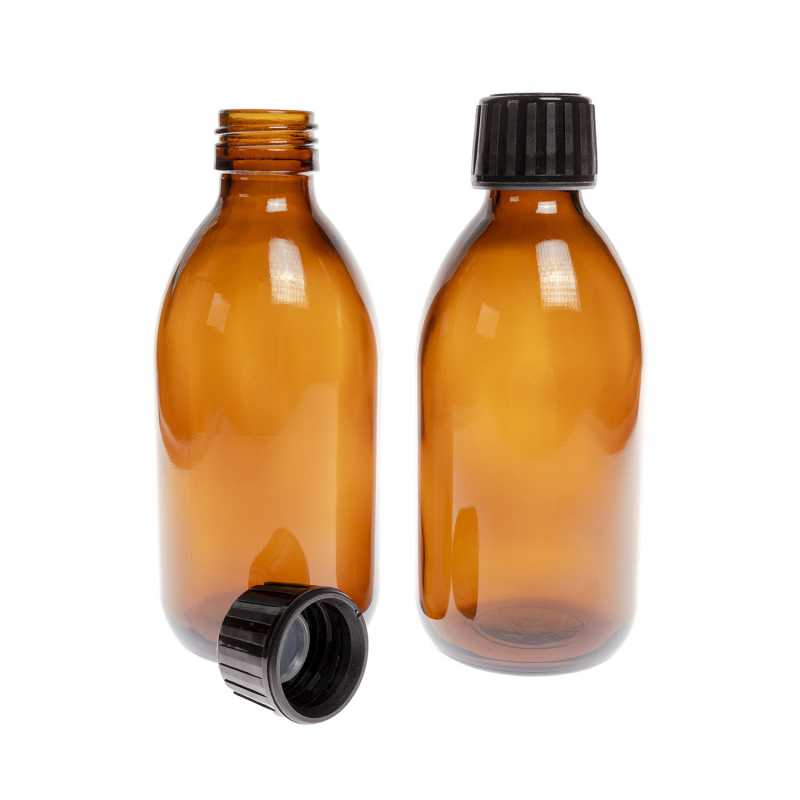Sklenená fľaška, liekovka, 28 mm, 250 mlPlastový vrchnák na fľašku 28/400, vysoký čierny Čierny plastový nízky vrchnák určený na sklenené liekov