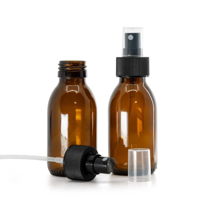 Sklenená fľaška, liekovka, 28 mm, plastový rozprašovač, 28/410, čierny, vrúbkovaná obruč, 100 ml