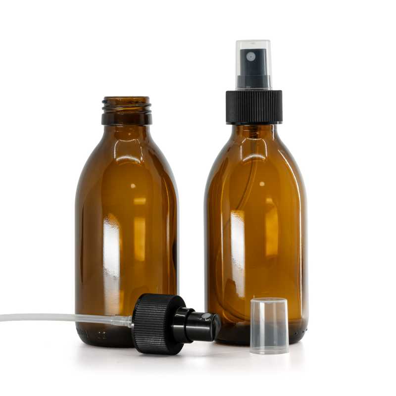 Sklenená fľaška, liekovka, 28 mm, plastový rozprašovač, 28/410, čierny, vrúbkovaná obruč, 200 ml