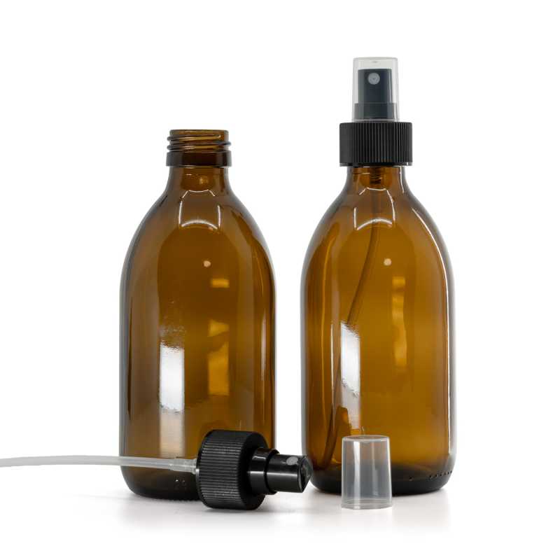 Sklenená fľaška, liekovka, 28 mm, plastový rozprašovač, 28/410, čierny, vrúbkovaná obruč, 300 ml