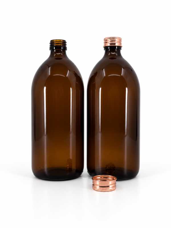 Sklenená fľaška, liekovka, 28 mm, ružovo-zlatý vrchnák, 1 l
