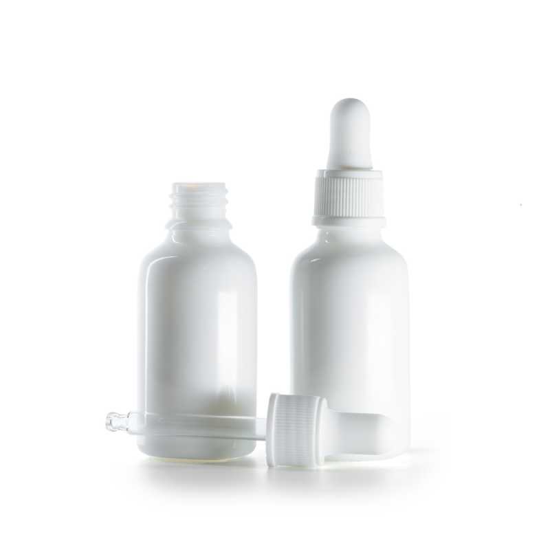 Sklenená fľaška, liekovka, biela, biele matné kvapátko, 30 ml