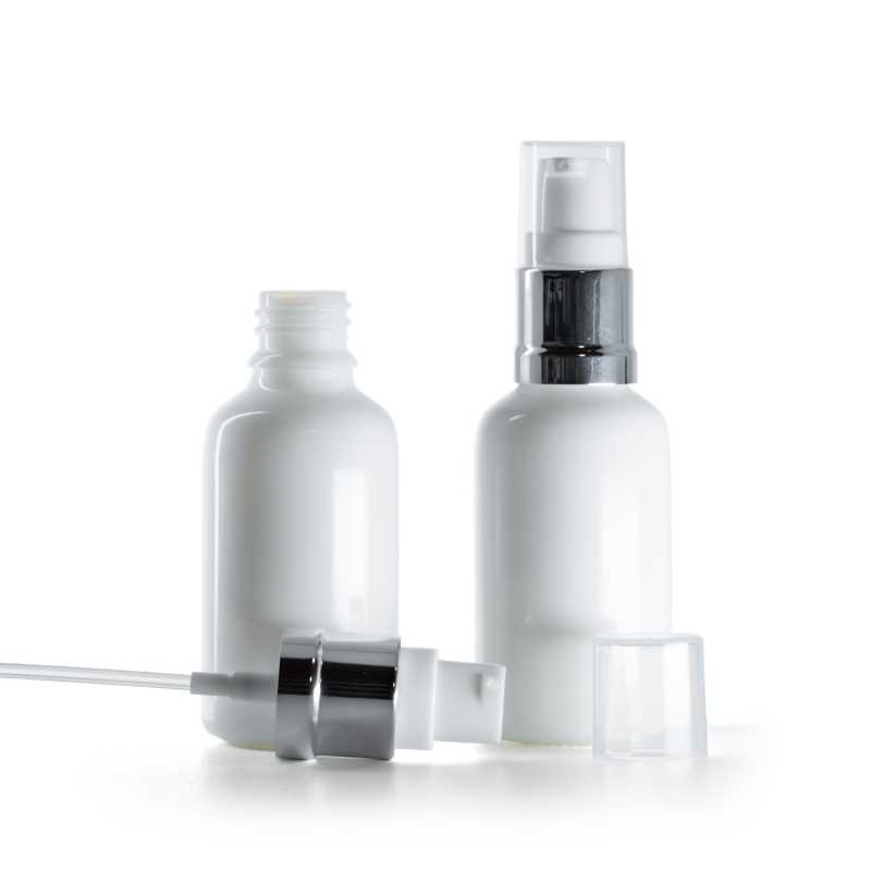 Sklenená fľaška, liekovka, biela, bielo-strieborný lesklý dávkovač, 30 ml