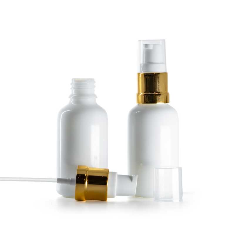 Sklenená fľaška, liekovka, biela, bielo-zlatý lesklý dávkovač, 30 ml