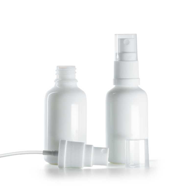 Sklenená fľaška, liekovka, biela, biely rozprašovač, 30 ml