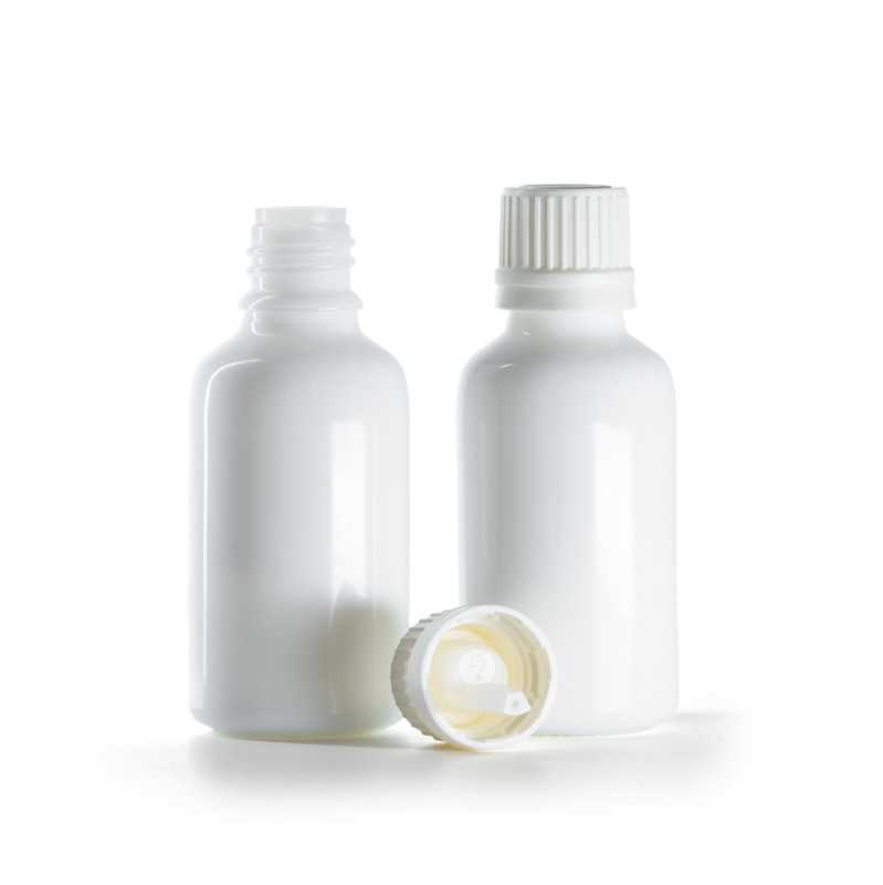 Sklenená fľaška, liekovka, biela, biely vrchnák s kvapátkom, 30 ml