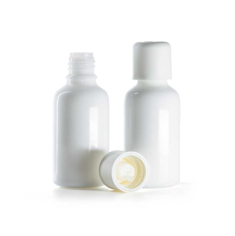 Sklenená fľaška, liekovka, biela, biely vrchnák s poistkou, 30 ml