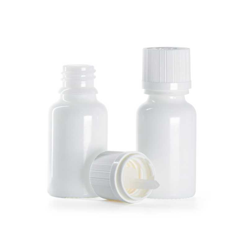 Sklenená fľaška, liekovka, biela, biely vrúbkovaný vrchnák s poistkou, 15ml