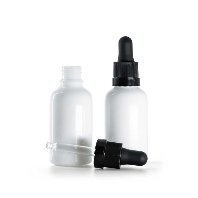 Sklenená fľaška, liekovka, biela, čierne kvapátko s lesklým prúžkom, 30 ml