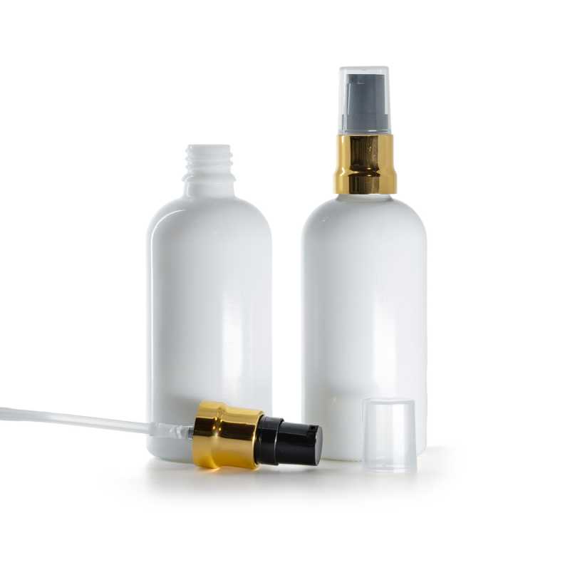 Sklenená fľaška, liekovka, biela, čierno-zlatý lesklý dákovač, priehľadný vrch, 100 ml