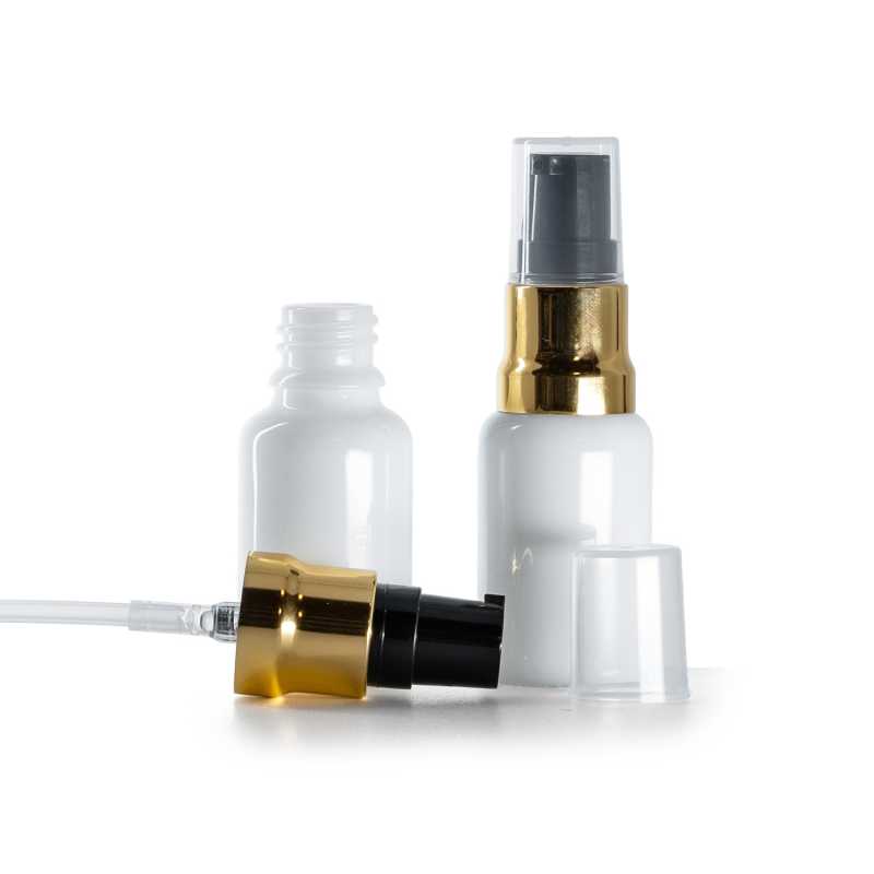 Sklenená fľaška, liekovka, biela, čierno-zlatý lesklý dákovač, priehľadný vrch, 15 ml