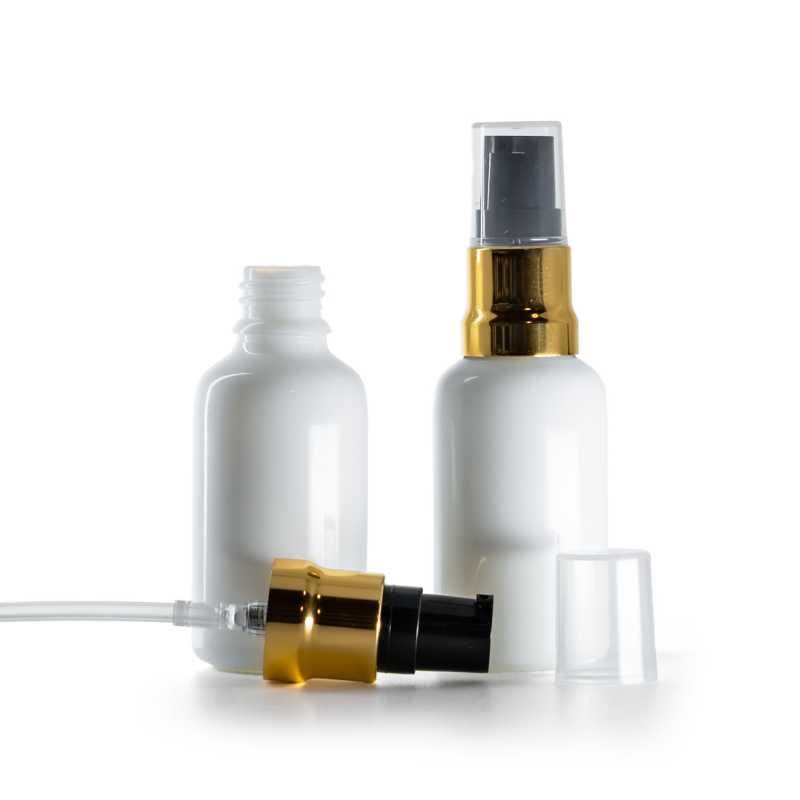 Sklenená fľaška, liekovka, biela, čierno-zlatý lesklý dákovač, priehľadný vrch, 30 ml