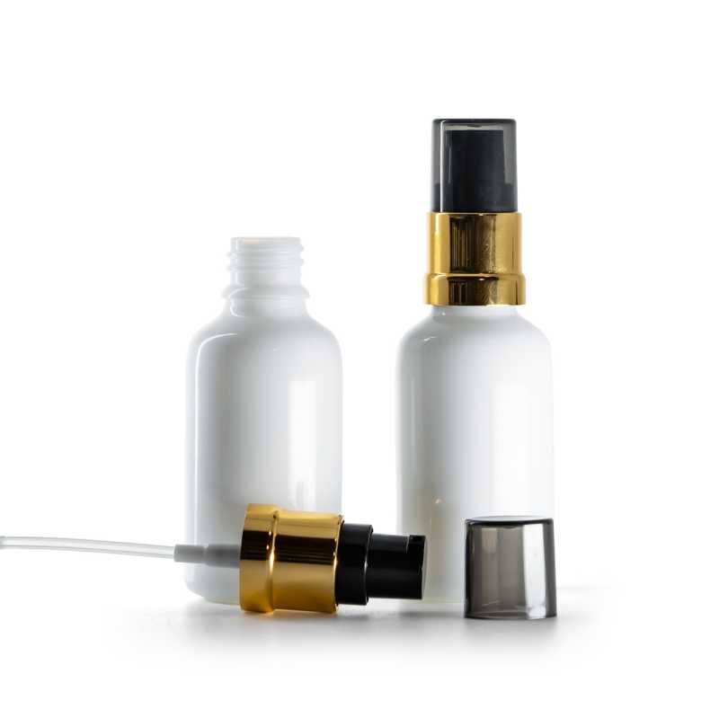 Sklenená fľaška, liekovka, biela, čierno-zlatý lesklý dávkovač, 30 ml