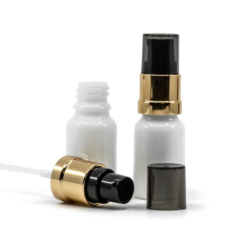 Sklenená fľaška, liekovka, biela, čierno-zlatý lesklý dávkovač s dymovým krytom, 10 ml