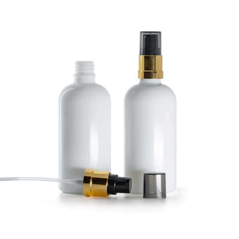 Sklenená fľaška, liekovka, biela, čierno-zlatý lesklý dávkovač s dymovým krytom, 100 ml
