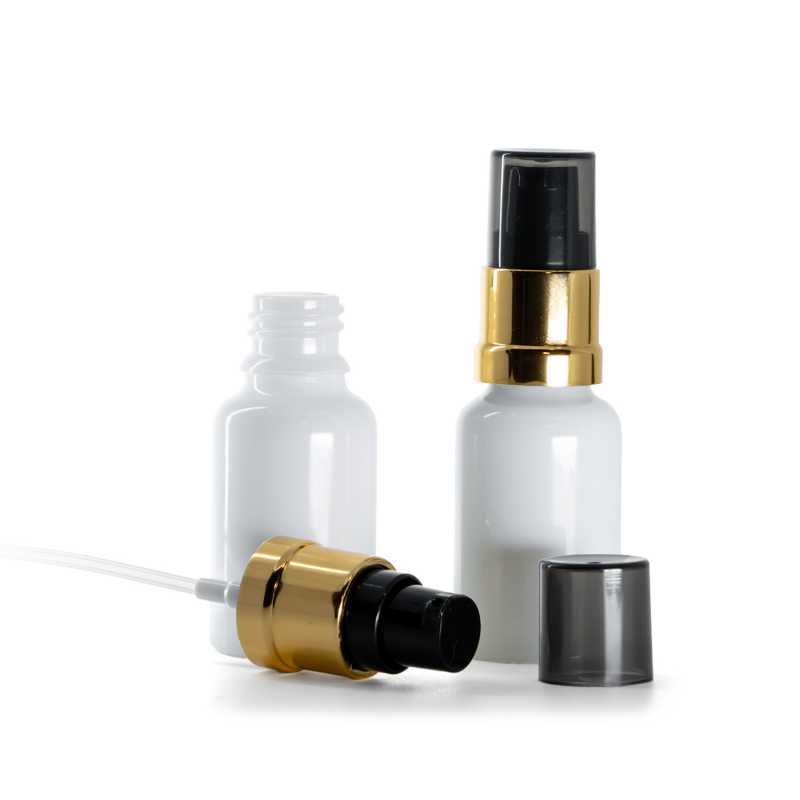 Sklenená fľaška, liekovka, biela, čierno-zlatý lesklý dávkovač s dymovým krytom, 15 ml