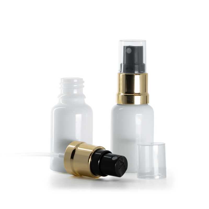 Sklenená fľaška, liekovka, biela, čierno-zlatý rozprašovač, 15 ml