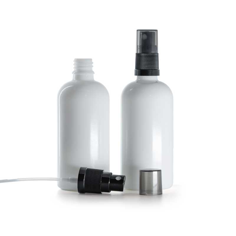 Sklenená fľaška, liekovka, biela, čierny rozprašovač, dymový kryt, 100 ml