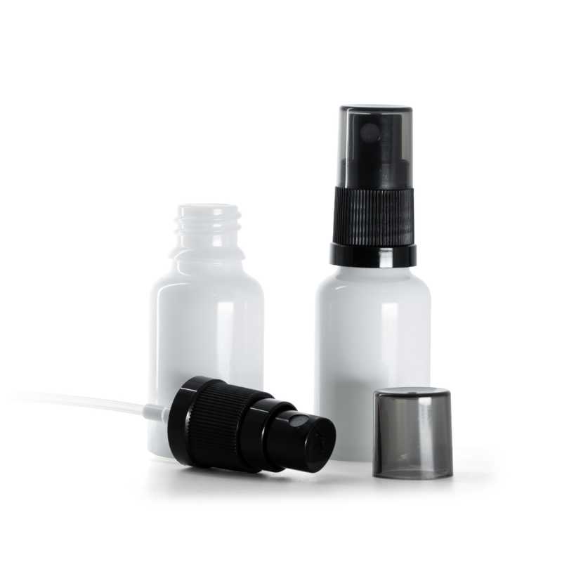 Sklenená fľaška, liekovka, biela, čierny rozprašovač, dymový kryt, 15 ml