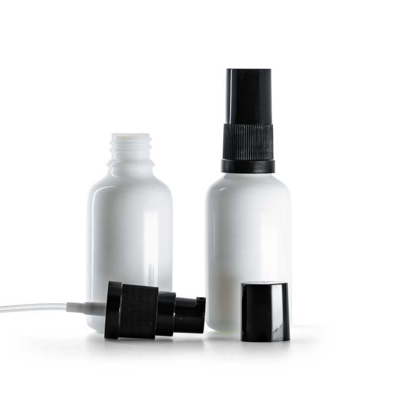 Sklenená fľaška, liekovka, biela, dávkovač krému s čiernym vrchom, 30 ml