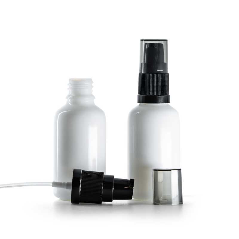 Sklenená fľaška, liekovka, biela, dávkovač krému s dymovým krytom, 30 ml