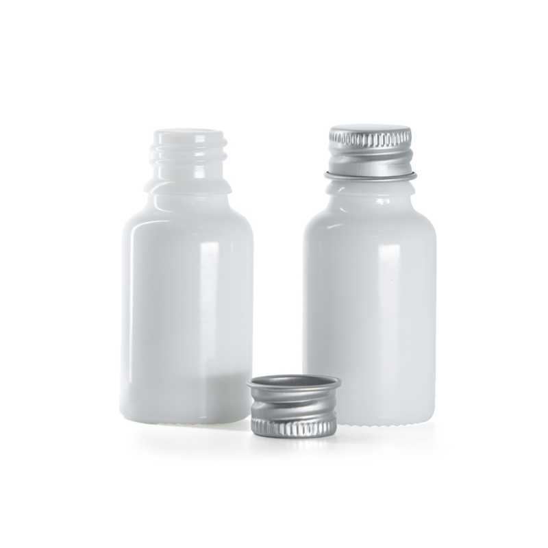 Sklenená fľaška, liekovka, biela, hliníkový vrchnák, 15 ml
