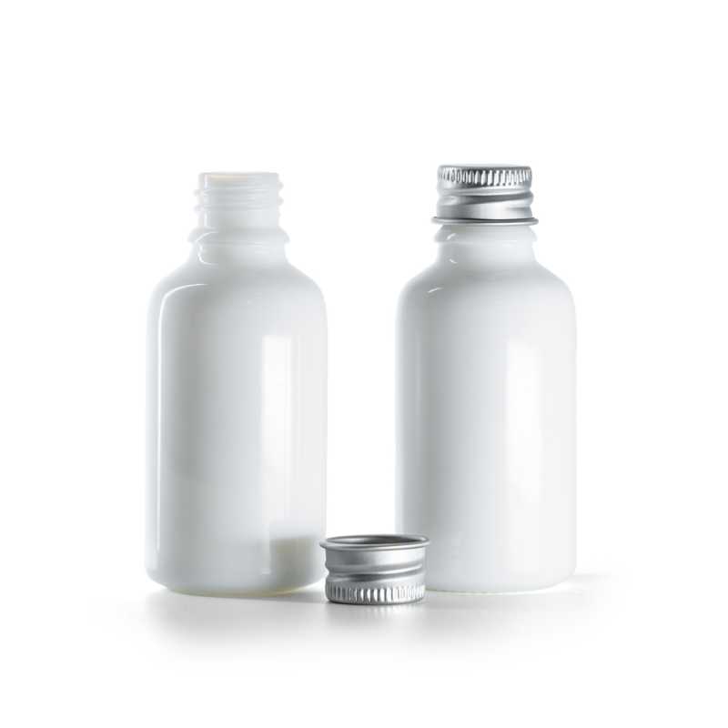 Sklenená fľaška, liekovka, biela, hliníkový vrchnák, 30 ml
