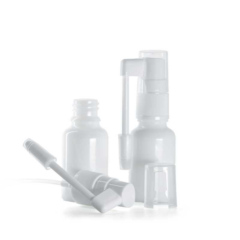 Sklenená fľaška, liekovka, biela, sprej do hrdla, 15 ml