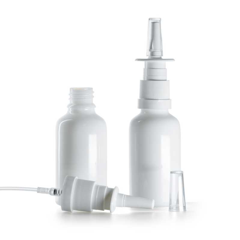 Sklenená fľaška, liekovka, biela, sprej do nosa 30 ml