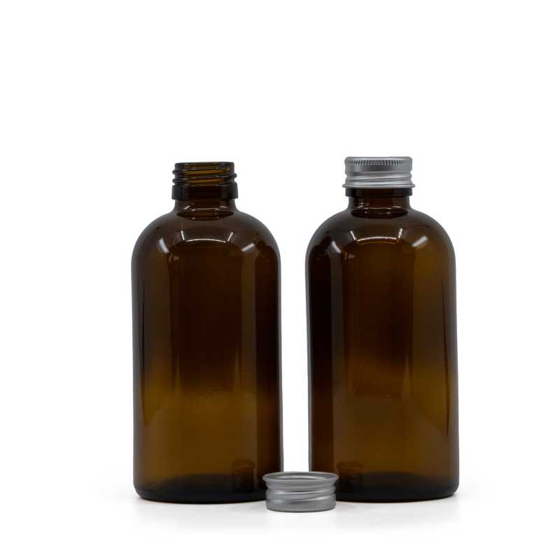 Sklenená fľaška, liekovka Boston, 28 mm, 250 ml, hliníkový vrchnák strieborný