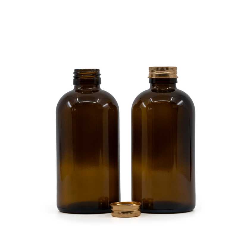 Sklenená fľaška, liekovka Boston, 28 mm, 250 ml, hliníkový vrchnák zlatý