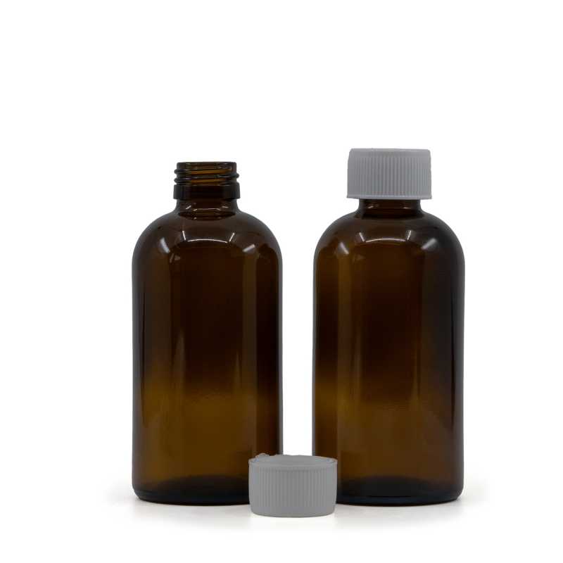 Sklenená fľaška, liekovka Boston, 28 mm, biely bezpečnostný vrchnák, 250 ml